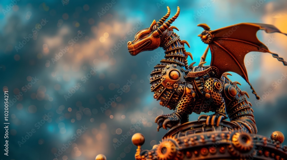 Fototapeta premium Steampunk Dragon Perched on Rusted Tower