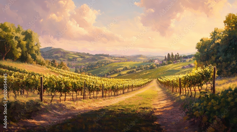 Fototapeta premium Vineyard path leads through rolling hills.