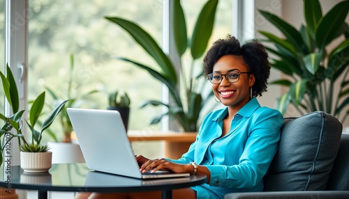 Young woman working on a laptop at a modern home office with plants