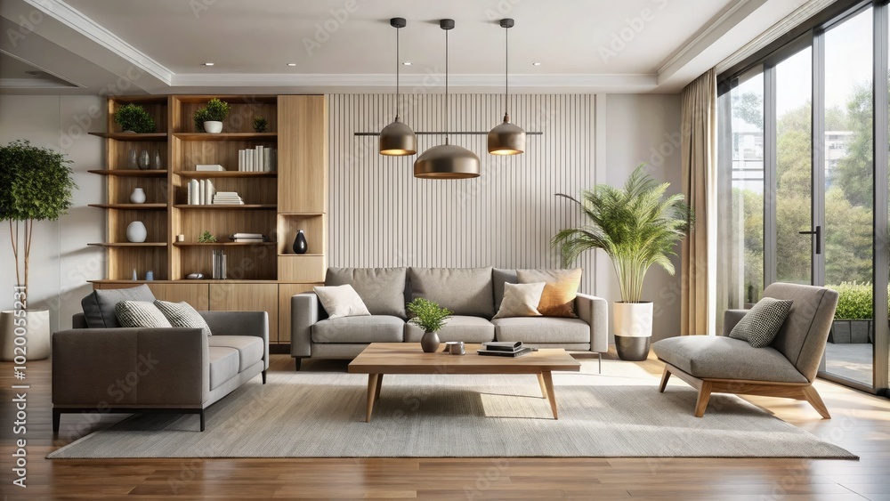 Fototapeta premium Contemporary minimalist living rooms showcase chic furniture, promoting an uncluttered aesthetic that updates modern interiors with elegance and tranquility in everyday environments.