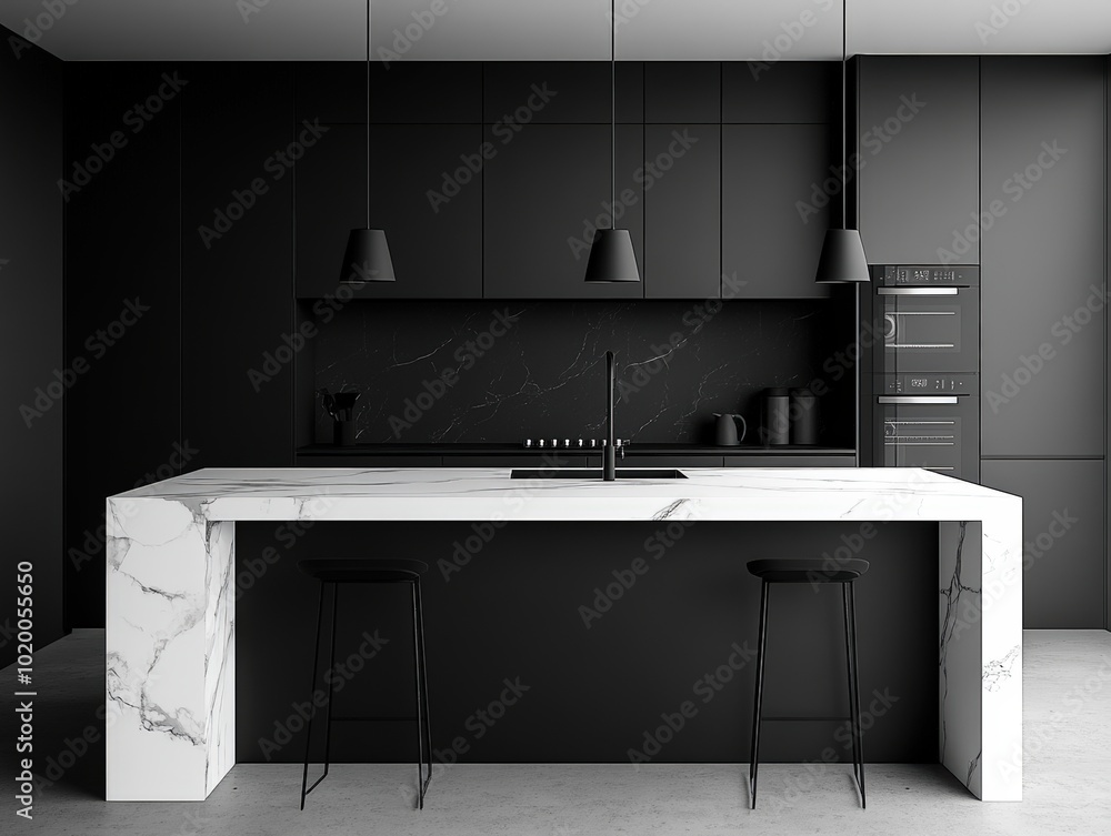 Modern black kitchen with marble countertop and stools. Modern black kitchen with marble countertop and stools.