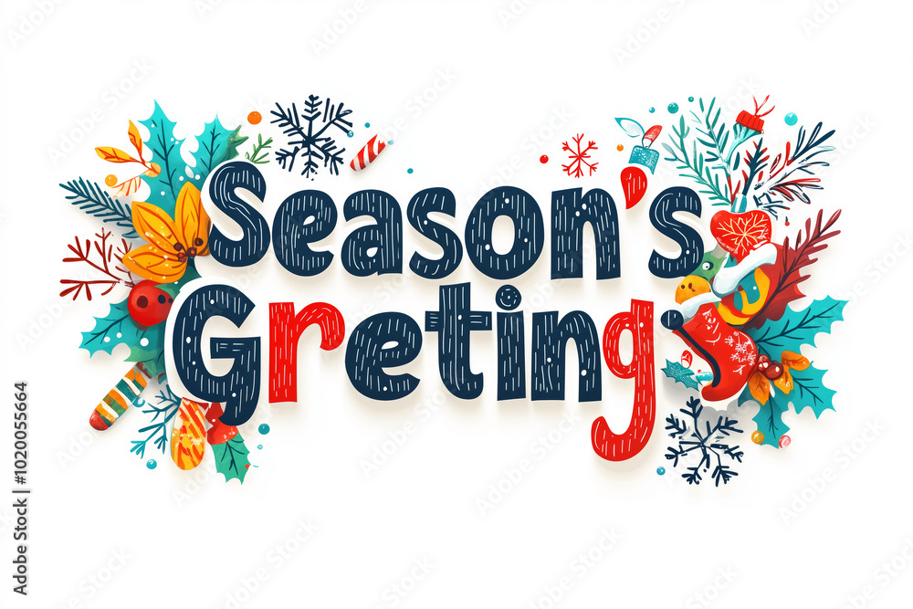 Greeting card with text Season's Greetings, festive Christmas decorations like holly leaves, flowers, and ornaments Greeting card with text Season's Greetings, festive Christmas decorations like holly leaves, flowers, and ornaments