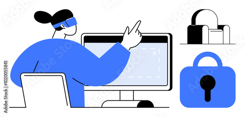 Person wearing VR headset and interacting with computer emphasizes virtual reality technology. Also includes padlock symbol and chair icon. Ideal for virtual reality, technology, data security