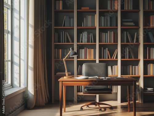 Wooden desk, bookcase, chair, lamp, books, window.