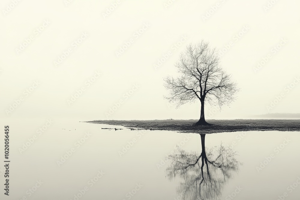 A solitary tree reflected in still water. A solitary tree reflected in still water.