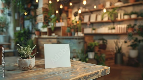 Blank Sign on Rustic Table in a Plant Shop