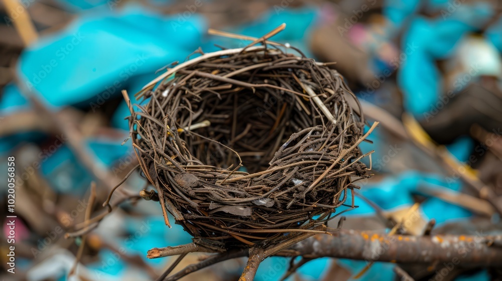 Plastic Waste Nest Among Natural Materials Plastic Waste Nest Among Natural Materials