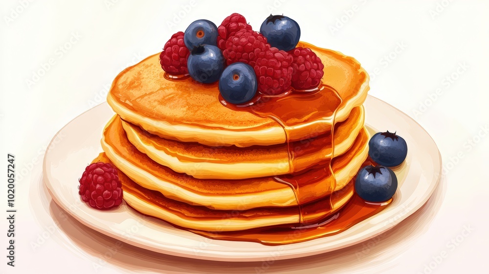Pancakes with syrup, blueberries, and raspberries. Pancakes with syrup, blueberries, and raspberries.