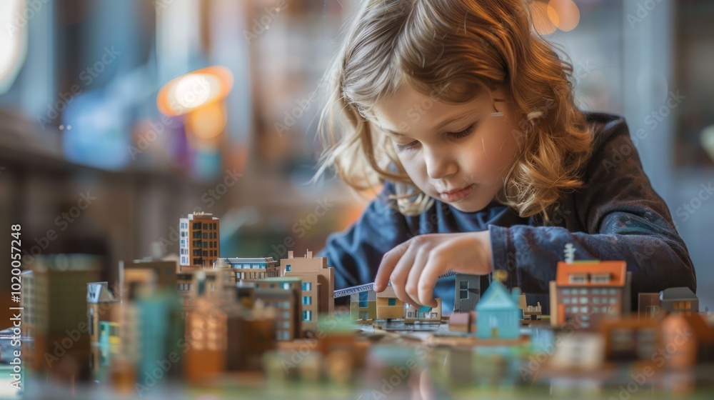 Child Playing with Urban Planning Toy Model Child Playing with Urban Planning Toy Model