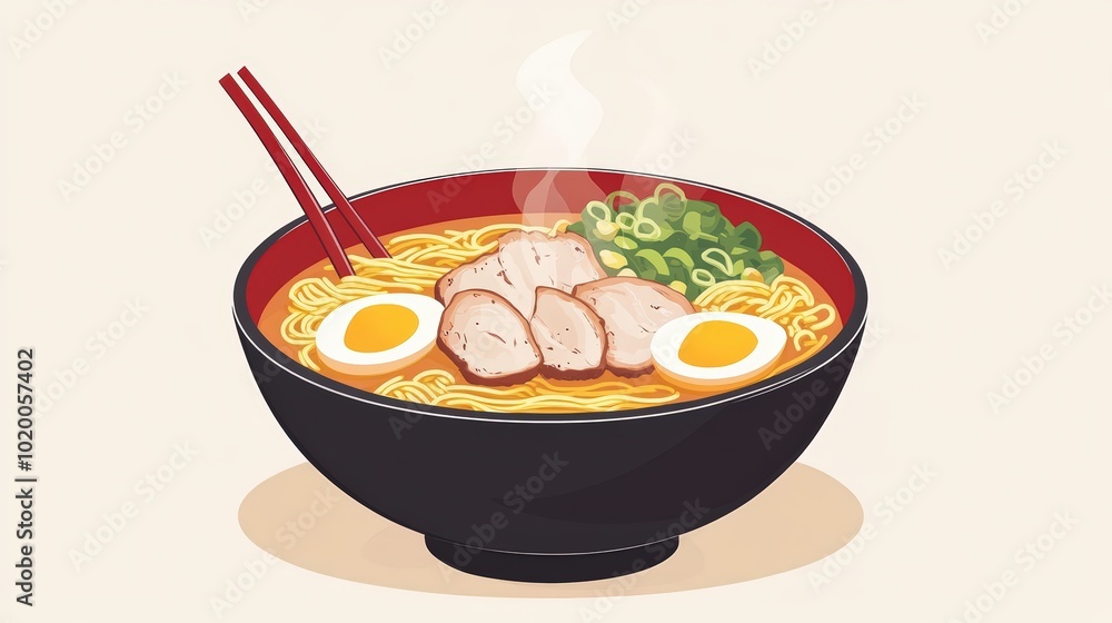 Steaming bowl of ramen with pork and eggs. Steaming bowl of ramen with pork and eggs.