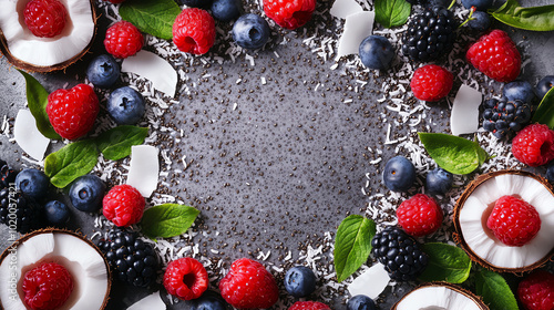 A vibrant arrangement of fresh raspberries, blueberries, blackberries, coconuts, and mint leaves on a textured gray surface. photo