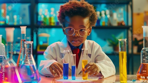 Child in Lab Coat Conducting Fun Science Experiment