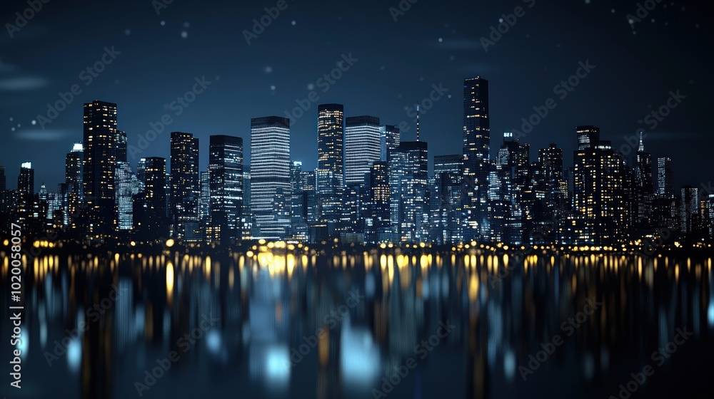 Fototapeta premium Night cityscape with tall buildings reflecting in water.