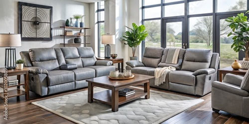 Contemporary grey motion living room set perfect for modern American homes. Enjoy unparalleled comfort and stylish design for an inviting and relaxing atmosphere. Upgrade your home!