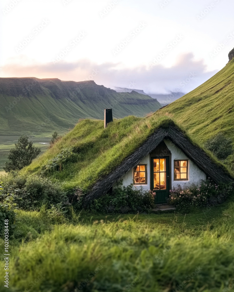 A traditional Icelandic turf house, nestled in a grassy hillside, with mountains in the background. A traditional Icelandic turf house, nestled in a grassy hillside, with mountains in the background.
