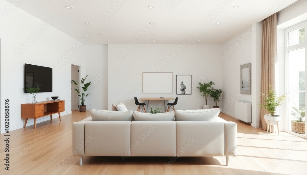 Modern Scandinavian living room with an open layout, featuring smooth white walls, light wood floors, and a large, plush sofa. The space is styled with a few potted plants and simple art pieces. Modern Scandinavian living room with an open layout, featuring smooth white walls, light wood floors, and a large, plush sofa. The space is styled with a few potted plants and simple art pieces.