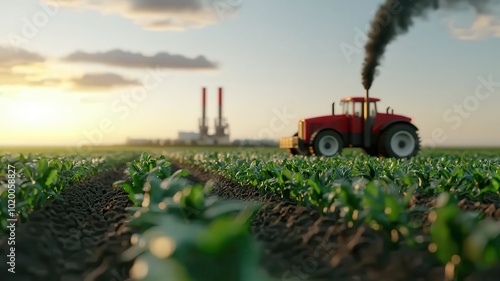 industrial agriculture, featuring vast monoculture fields and the application of pesticides. photo