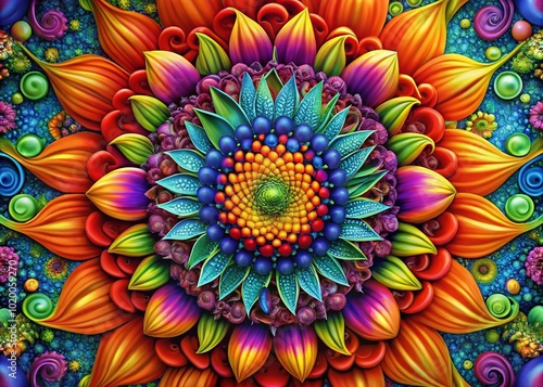 Vibrant and Colorful Psychedelic Flower Design with Intricate Patterns and Swirling Shapes in Bloom