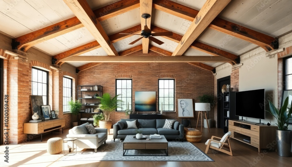 Urban industrial living room with a unique ceiling design, showcasing exposed beams, a mix of modern and vintage decor, and plenty of natural light. Urban industrial living room with a unique ceiling design, showcasing exposed beams, a mix of modern and vintage decor, and plenty of natural light.