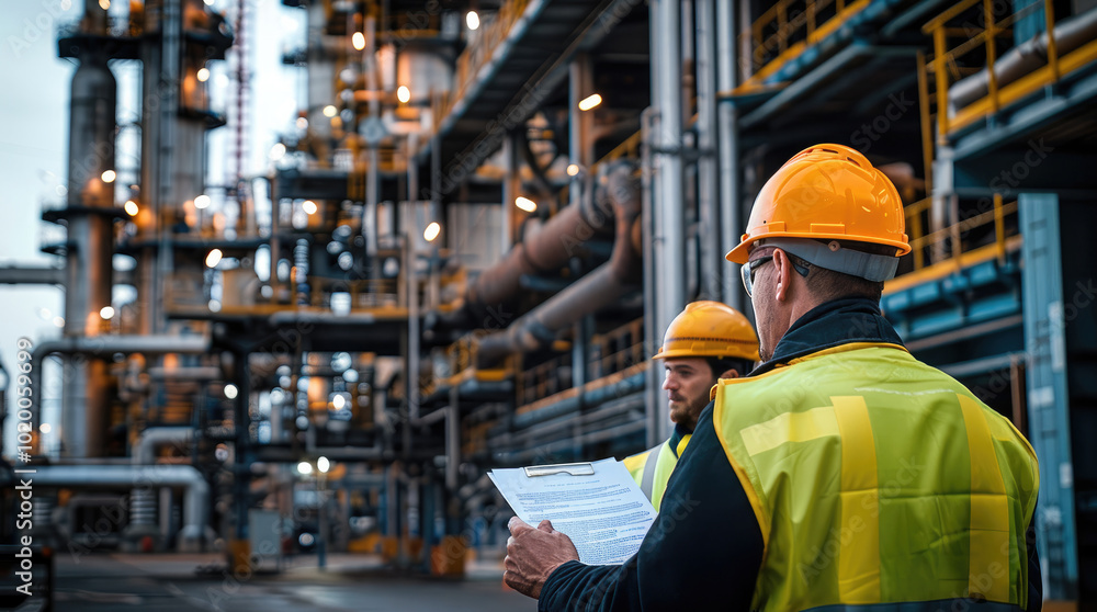 An engineer and construction worker in safety vest and yellow safety hat at a steel manufacturing plant, with holding papers, the worker is explaining something to engineer. An engineer and construction worker in safety vest and yellow safety hat at a steel manufacturing plant, with holding papers, the worker is explaining something to engineer.