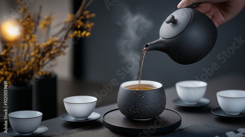 A close-up shot of a hand pouring hot tea into a ceramic cup from a dark teapot, with steam rising and additional cups in the background, creating a cozy, peaceful tea ceremony atmosphere