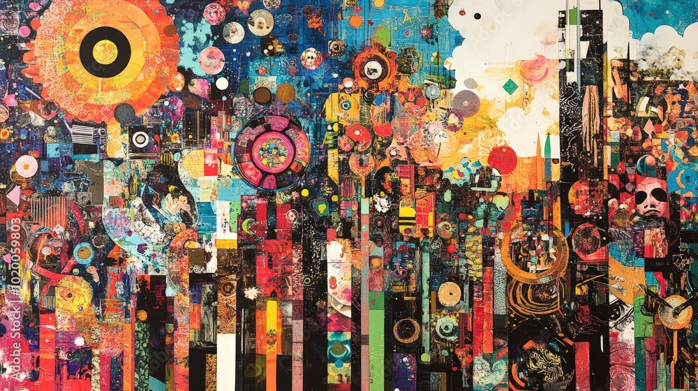 Naklejka premium Abstract collage with vibrant colors and geometric shapes.