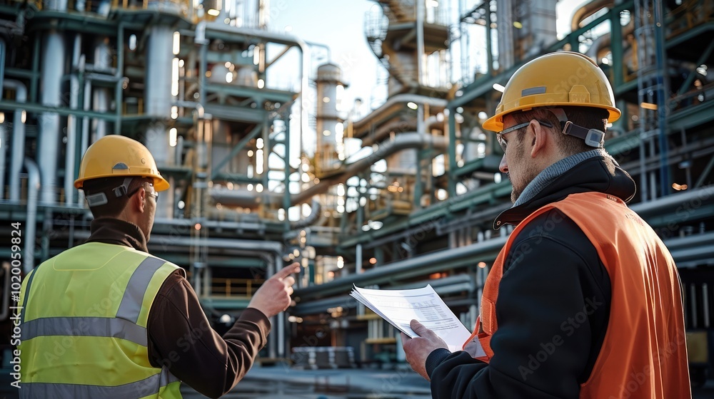 An engineer and construction worker in safety vest and yellow safety hat at a steel manufacturing plant, with holding papers, the worker is explaining something to engineer. An engineer and construction worker in safety vest and yellow safety hat at a steel manufacturing plant, with holding papers, the worker is explaining something to engineer.