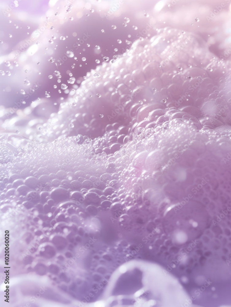 Fototapeta premium A thick layer of bubbly lavender foam fills the bath, inviting tranquility and comfort for a relaxing soak in warm water. Generative AI