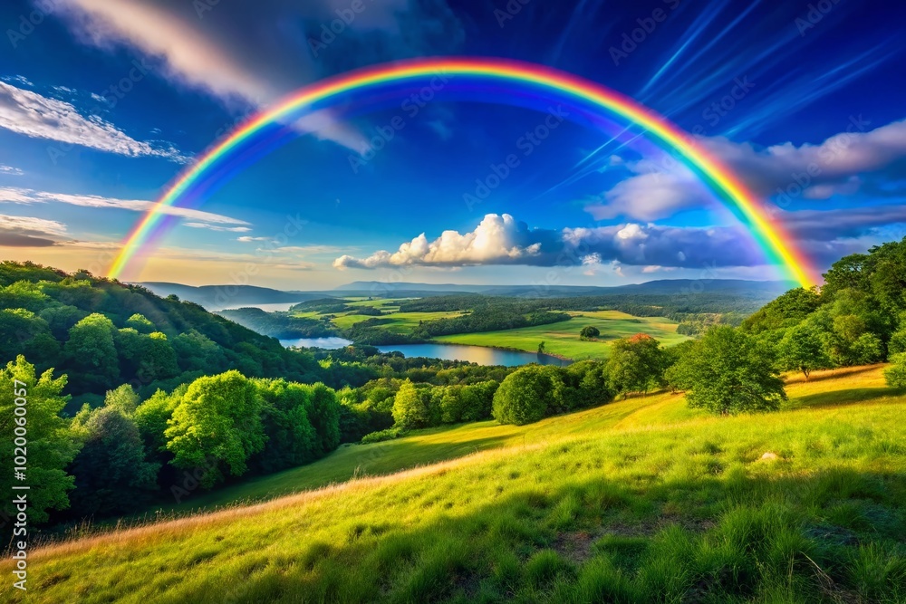 Obraz premium Vibrant Arch Rainbow Over Scenic Landscape with Lush Greenery and Clear Blue Sky Background