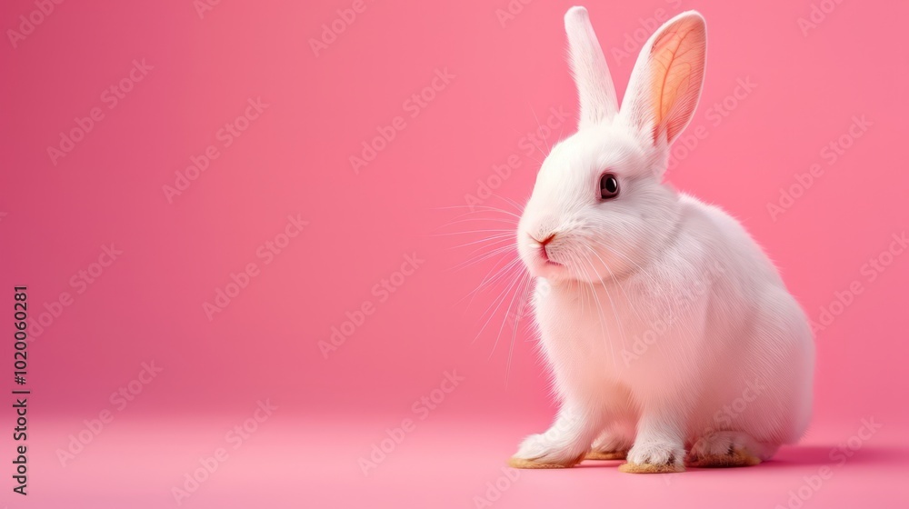 Fototapeta premium Cute Bunny Sitting Calmly on Pink Background
