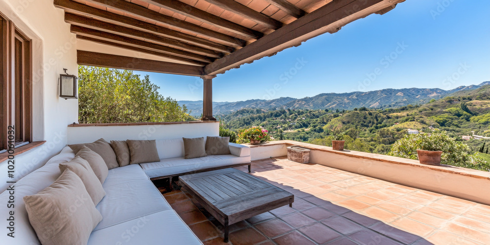 Relaxing outdoor lounge area with stunning mountain views in a sunlit garden setting Relaxing outdoor lounge area with stunning mountain views in a sunlit garden setting