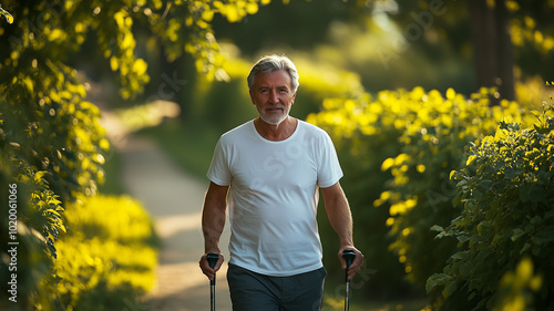 An active elderly man walks with Nordic walking poles in the park photo