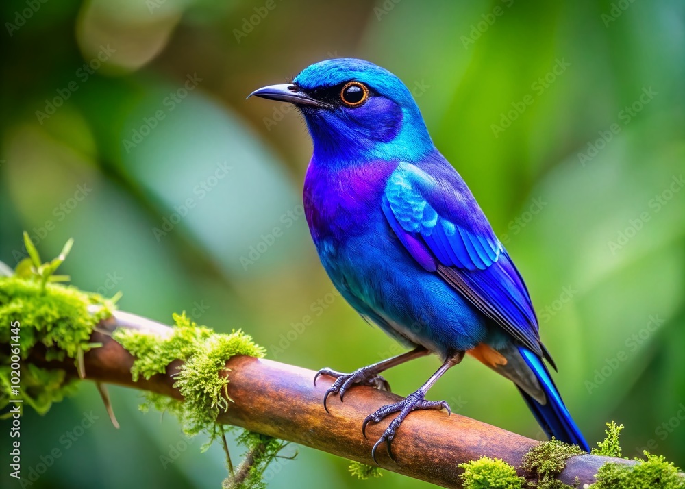 Vibrant Blue and Purple Bird Perched on a Branch Against a Natural Green Background in Nature Vibrant Blue and Purple Bird Perched on a Branch Against a Natural Green Background in Nature