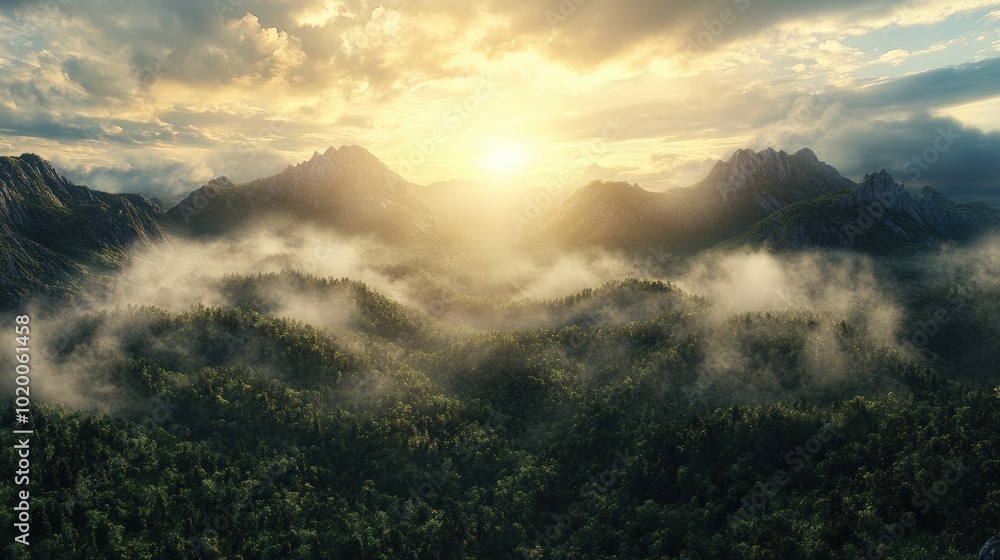 Misty forest valley with mountains and sunset. Misty forest valley with mountains and sunset.