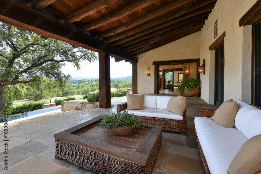 Fototapeta premium Cozy outdoor seating area with scenic views in a peaceful countryside setting during daytime