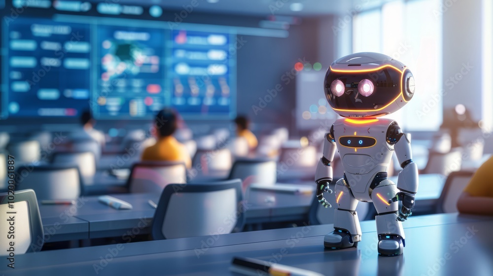 Obraz premium Robot Assisting Teachers in a Futuristic Classroom