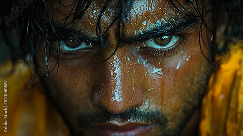 Close-up of a Determined Athlete's Face Covered in Sweat