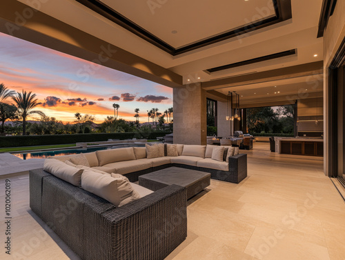 Elegant outdoor living area in a modern luxury home at sunset with a pool and palm trees