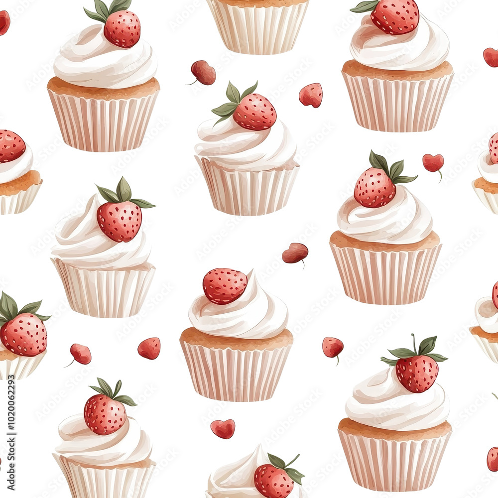 Watercolor seamless pattern of strawberry cupcakes on a white background, artistic and vibrant. cutout png Watercolor seamless pattern of strawberry cupcakes on a white background, artistic and vibrant. cutout png