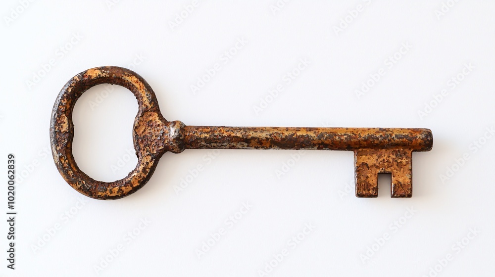 A weathered key rests against a pristine white backdrop, highlighting its ornate features and intriguing allure. A weathered key rests against a pristine white backdrop, highlighting its ornate features and intriguing allure.