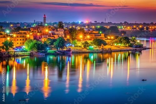 Vibrant Cityscape of Niamey at Dusk with Colorful Lights and Reflections on the Niger River