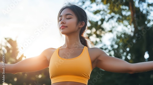 Asian woman in modern athleisure, confidently holding a yoga pose outdoors, Asian woman, athleisure, confidence, fitness and wellness