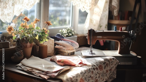 A cozy corner with a sewing machine, fabric swatches, and a halffinished garment, capturing the essence of a sewing hobby photo