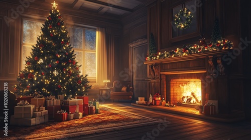 Wallpaper Mural A cozy living room with a beautifully decorated Christmas tree, presents underneath, and a roaring fireplace Torontodigital.ca