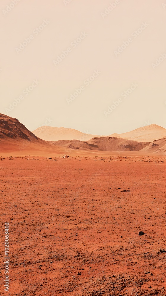 A vast, red desert landscape on Mars with mountains in the background. A vast, red desert landscape on Mars with mountains in the background.