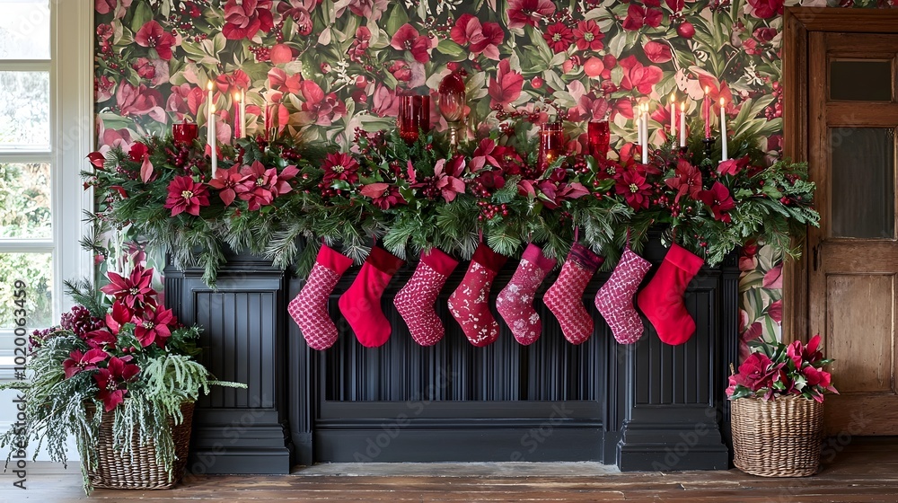 Fototapeta premium A beautifully designed holiday mantel featuring a striking combination of red and black decor elements including and candles creating a cozy and elegant festive atmosphere