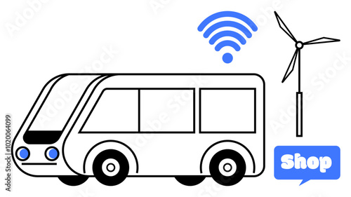 Futuristic bus with a nearby wind turbine, wireless symbol, and a shopping icon. Ideal for smart city concepts, green energy, sustainable transportation, technology integration, and futuristic