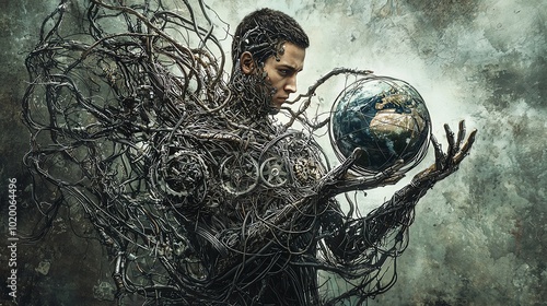 A cyborglike man holding a globe in his chest, connected to a complex web of wires, gears, and roots, symbolizing the balance between technology and the environment photo