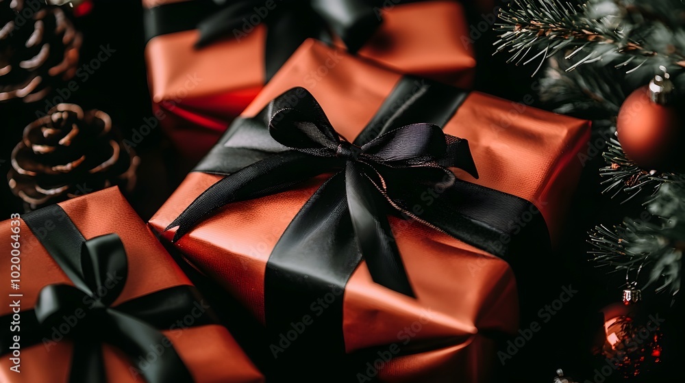 Elegantly Wrapped Red and Black Striped Christmas Gift with Shiny Ribbon Resting Under a Decorated Holiday Tree Elegantly Wrapped Red and Black Striped Christmas Gift with Shiny Ribbon Resting Under a Decorated Holiday Tree
