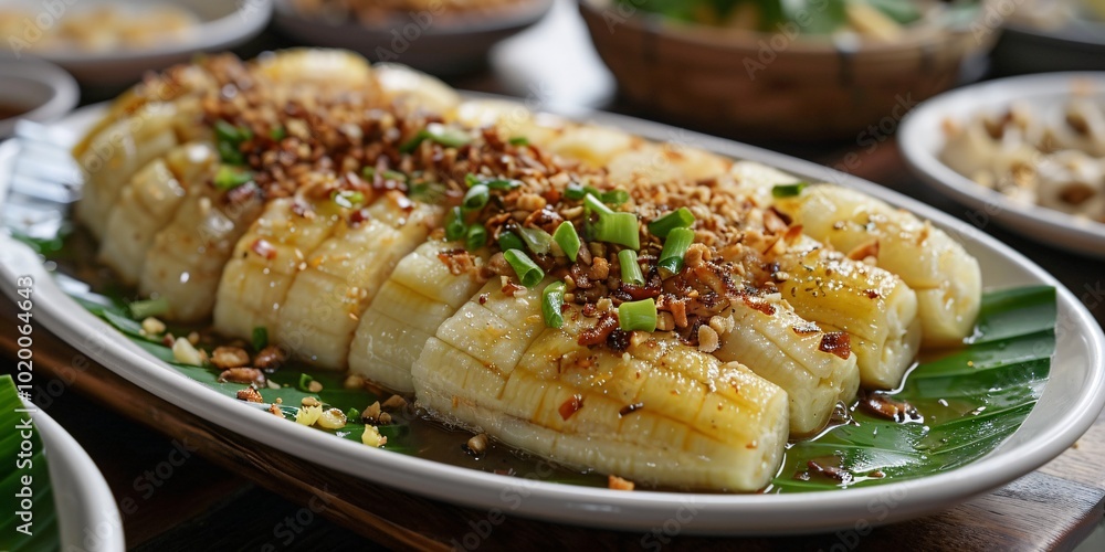 Freshly steamed plantains presented on a dining surface captured in Semarang on June 10, 2024. Freshly steamed plantains presented on a dining surface captured in Semarang on June 10, 2024.